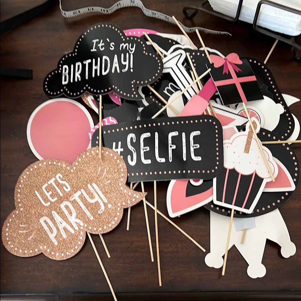 Party Photo Booth Props Set - Black, Pink, Gold